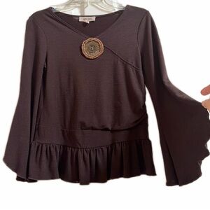 Amy Byer Brown Bell Sleeve Peplum Top Beaded Medallion Girls XL 16